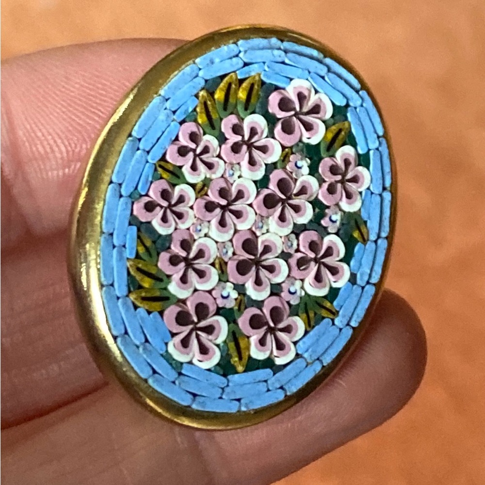 Vintage Floral Micro Mosaic Light Pink & Blue on Gold Tone Oval Brooch  Italy
